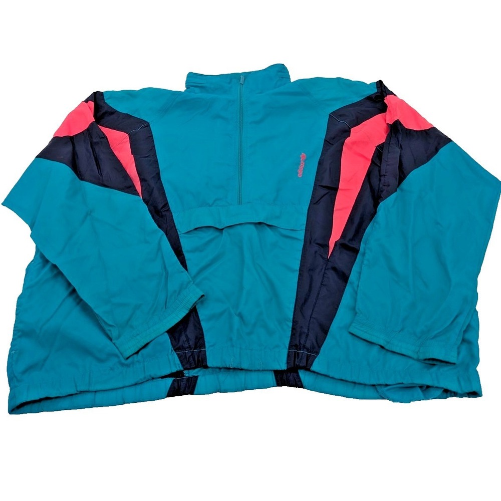 Vintage 90s Adidas Color Block Windbreaker‎ Jacket Teal Pink Navy Pullover 2XL